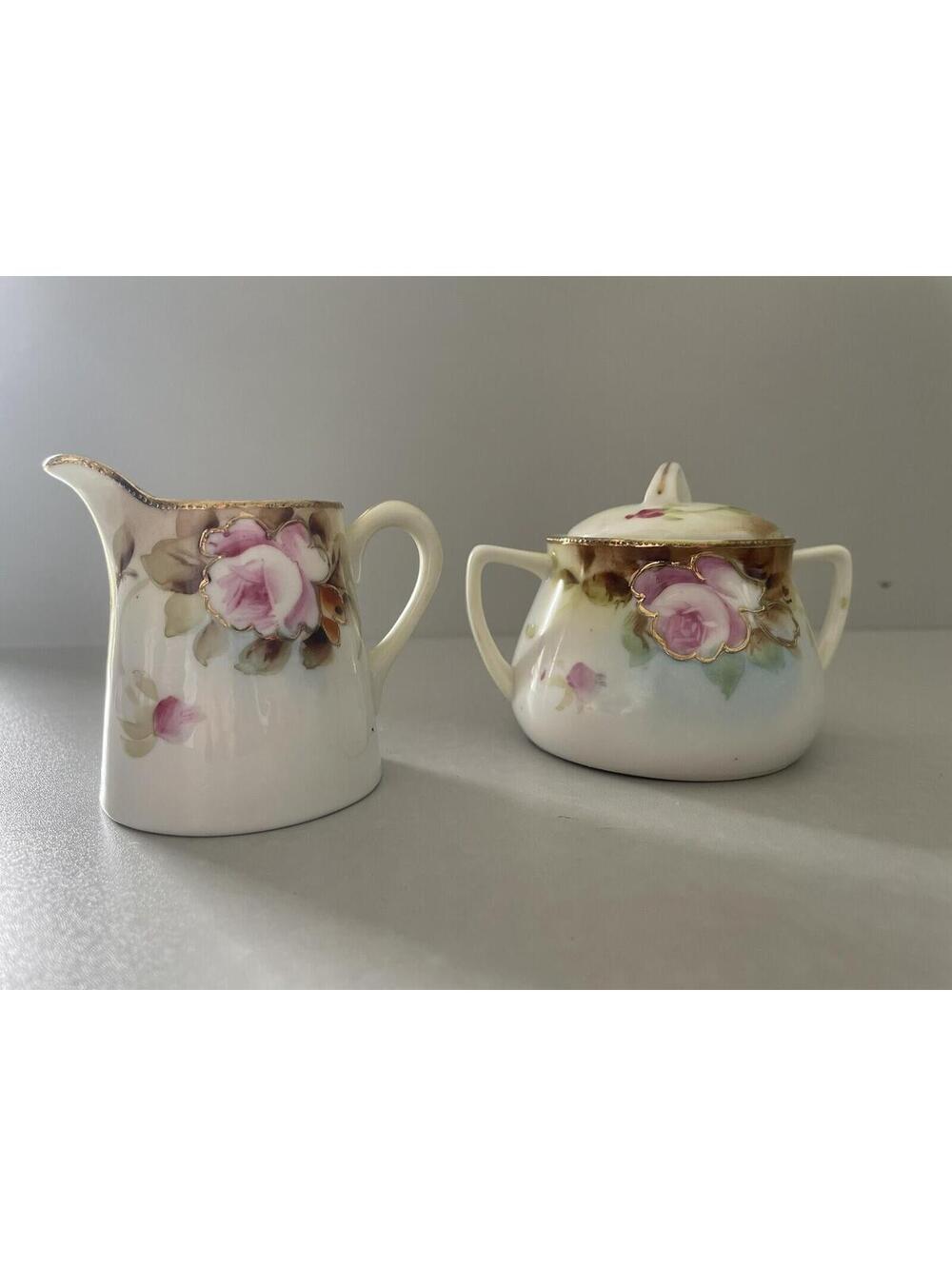 Hand Painted Nippon Tea Sugar and Creamer Set Gold Trim Pink Flowers